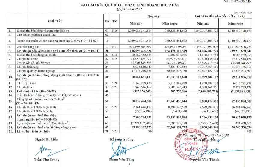 Một số chỉ tiêu tài chính của FCN. &nbsp;
