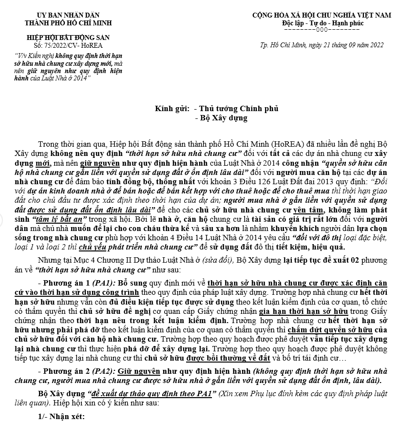 HoREA kiến nghị không quy định thời hạn sở hữu nhà chung cư xây dựng mới, mà nên giữ nguyên như quy định hiện hành của Luật Nhà ở 2014.