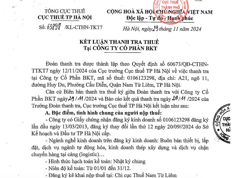 Kết luận thanh tra&nbsp; thuế tại&nbsp;Công ty cổ phần BKT