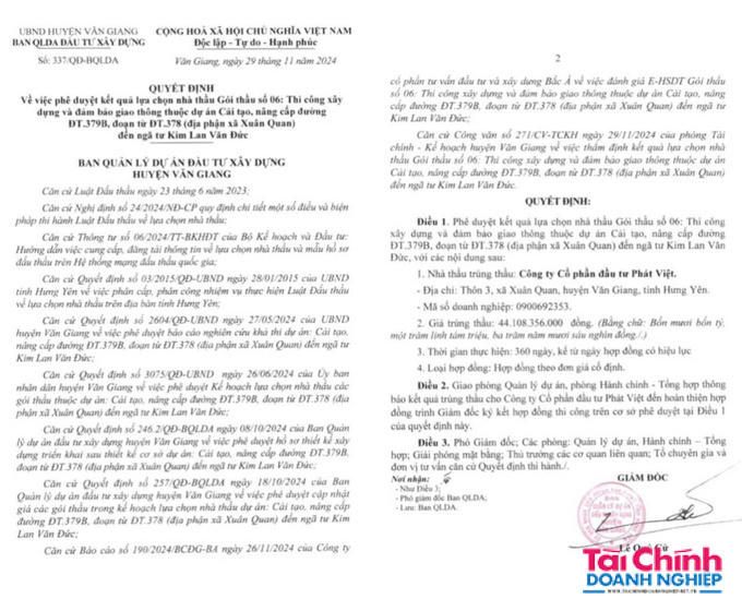 Quyết định phê duyệt Công ty Phát Việt là nhà thầu được lựa chọn thực hiện gói thầu hơn 44,4 tỷ đồng do Ban Quản lý dự án đầu tư xây dựng huyện Văn Giang làm chủ đầu tư.