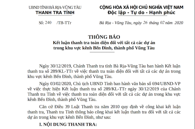 Thông báo số 240 của Thanh tra tỉnh Bà Rịa-Vũng Tàu về Kết luận thanh tra toàn diện đối với tất cả dự án trong khu vực kênh Bến Đình, TP.Vũng Tàu, dự án Khu nhà ở Decoimex mở rộng được khởi công năm 2009. &nbsp;
