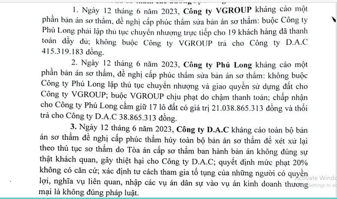 Sau khi xét xử sơ thẩm, Công ty VGROUP, Công ty TNHH Phú Long, Công ty DAC đều kháng cáo