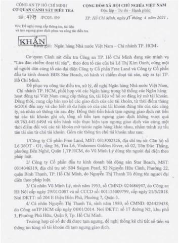 Văn bản của Cơ quan Cảnh sát điều tra – Công an TP Hồ Chí Minh. &nbsp;