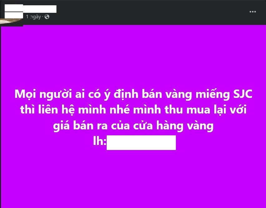 Một bài đăng thu mua vàng miếng công khai trên Facebook.