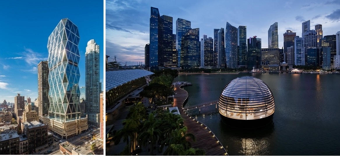 Tháp Hearst Tower (trái) và trụ sở Apple Marina Bay Sands là hai trong nhiều công trình kiến trúc biểu tượng được thiết kế bởi Foster + Partners. &nbsp;
