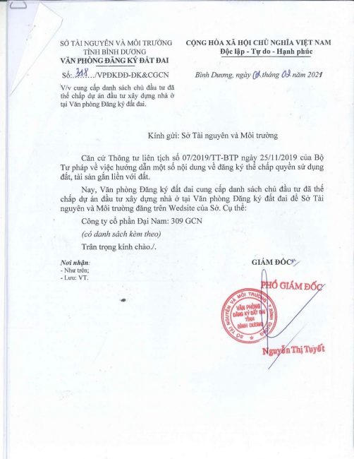 Văn phòng đăng ký đất đai tỉnh Bình Dương cung cấp cho Sở Tài nguyên và Môi trường danh sách 309 giấy chứng nhận quyền sử dụng đất của Công ty Cổ phần Đại Nam tại dự án Khu nhà ở Đại Nam đã thế chấp. &nbsp;
