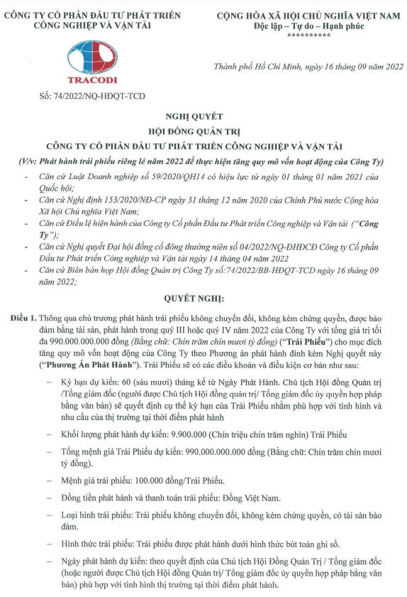 Nghị quyết phát hành trái phiếu của Tracodi