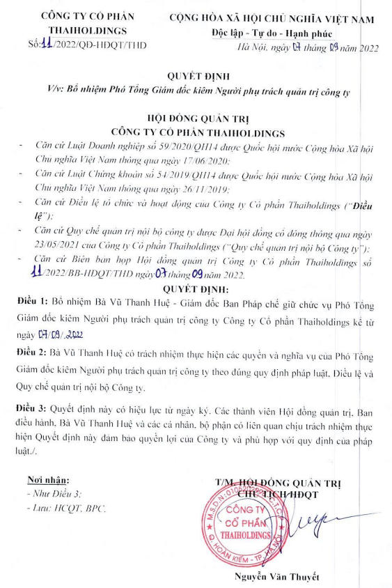 Thaiholdings bổ nhiệm bà Vũ Thanh Huệ làm Phó Tổng Giám đốc