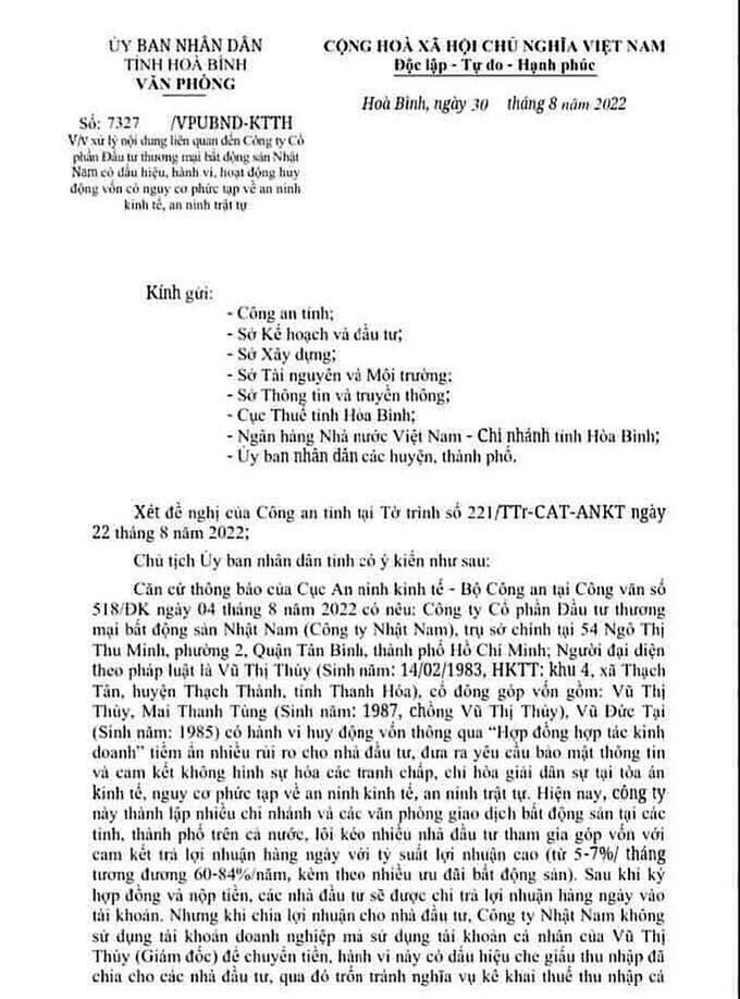 Hòa Bình cảnh báo rủi ro khi đầu tư tại Bất động sản Nhật Nam