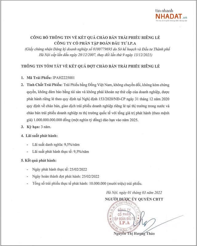 Thông báo kết quả của đợt phát hành trái phiếu của I.P.A . &nbsp; &nbsp;