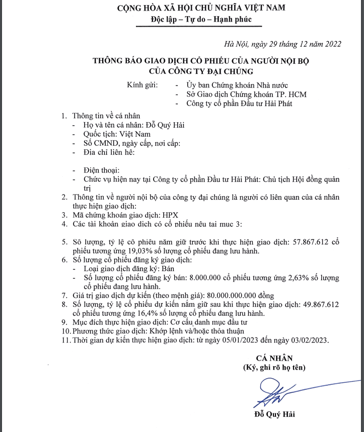 Chủ tịch Đỗ Quý Hải liên tục thoái vốn, giảm tỷ lệ sở hữu tại Hải Phát Invest
