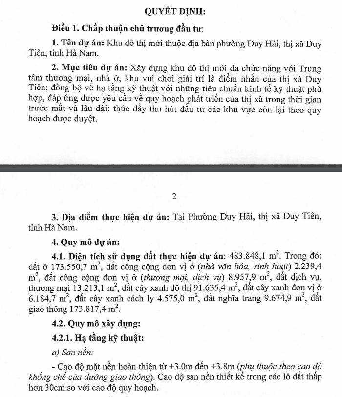 Hà Nam chấp thuận chủ trương đầu tư dự án KĐT mới tại phường Duy Hải