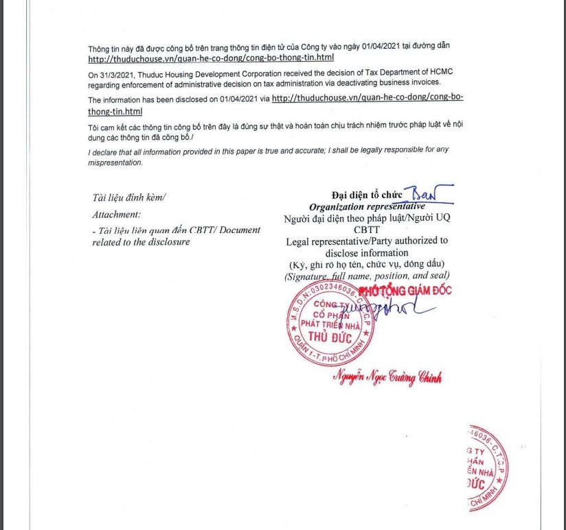 Thuduc House công bố thông tin bị cưỡng chế ngừng sử dụng hóa đơn. &nbsp;