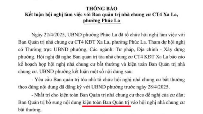 UBND phường Phúc La nhất trí cho kiện toàn BQT chung cư CT4 Xa La theo nguyện vọng của cư dân. &nbsp;