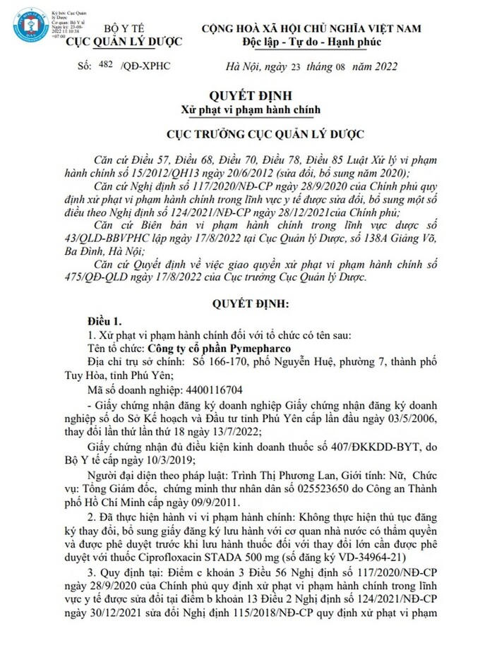Quyết định của Cục Quản lý Dược xử phạt hành chính Công ty CP Pymepharco &nbsp;