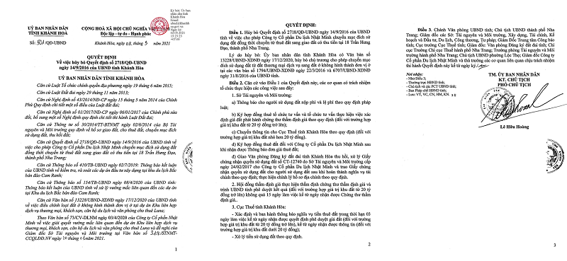 Quyết định số 501/QĐ-UBND về việc hủy bỏ loại hình “đất ở không hình thành đơn vị ở” tại dự án Ariyana SmartCondotel Nha Trang. &nbsp;