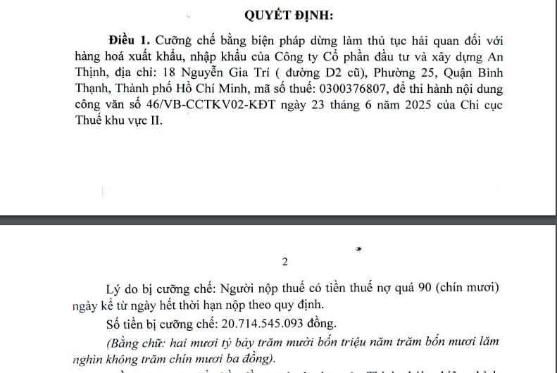 Quyết định cưỡng chế thuế đối với Công ty cổ phần Đầu tư và xây dựng An Thịnh.