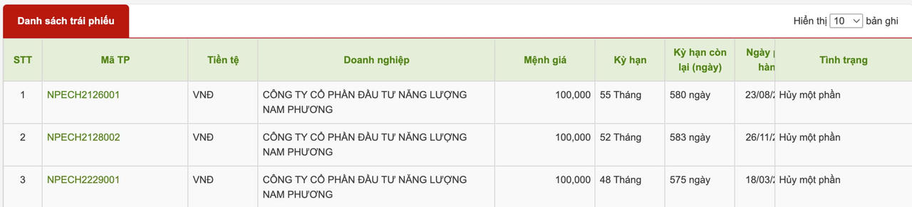 3 lô trái phiếu của&nbsp;Nam Phương Energy &nbsp;