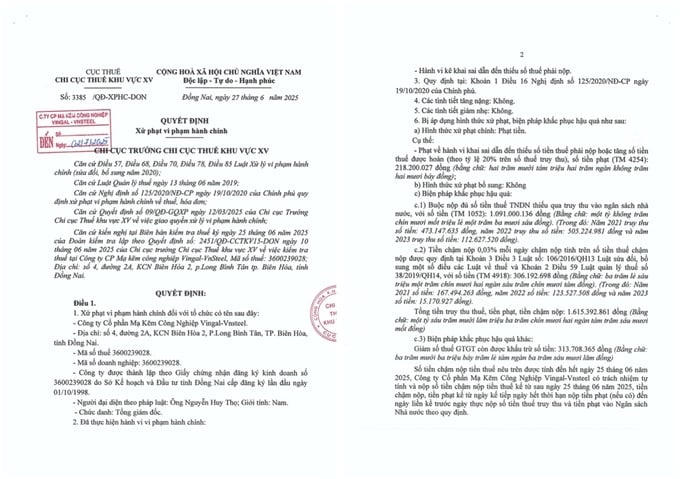 Chi cục Thuế khu vực XV ban hành quyết định xử phạt vi phạm hành chính về thuế đối với Công ty Cổ phần Mạ Kẽm Công Nghiệp Vingal - Vnsteel. &nbsp;
