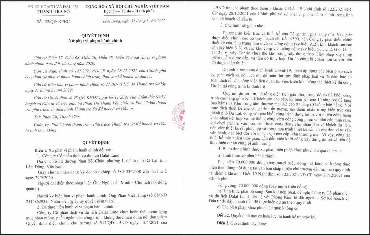 Quyết định xử phạt hành chính đối với Dalat Land. &nbsp;