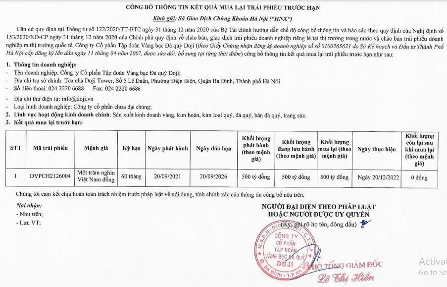 Kết quả mua lại trái phiếu trước hạn của Doji (Nguồn: HNX)