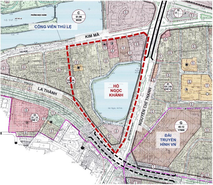 Khu vực nghiên cứu tổ chức phố đi bộ quanh hồ Ngọc Khánh (viền đỏ). &nbsp;