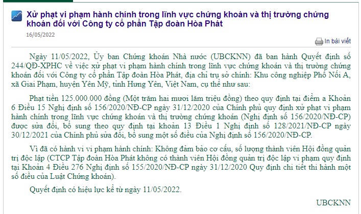 Thông báo của UBCKNN về việc xử phạt Tập đoàn Hòa Phát. &nbsp; &nbsp;