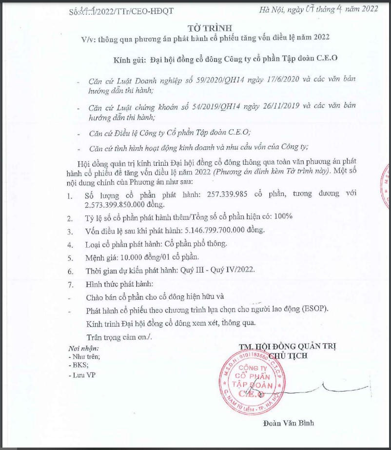 Kế hoạch tăng vốn điều lệ lên gấp đôi của CEO Group. &nbsp;