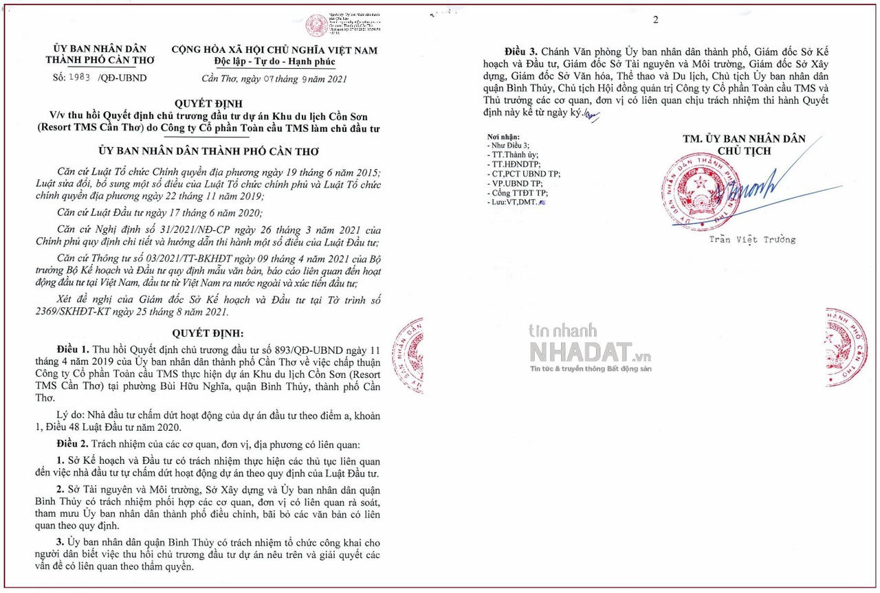 Quyết định thu hồi chủ trương đầu tư dự án Khu du lịch Cồn Sơn của TMS Group.&nbsp; &nbsp;&nbsp;