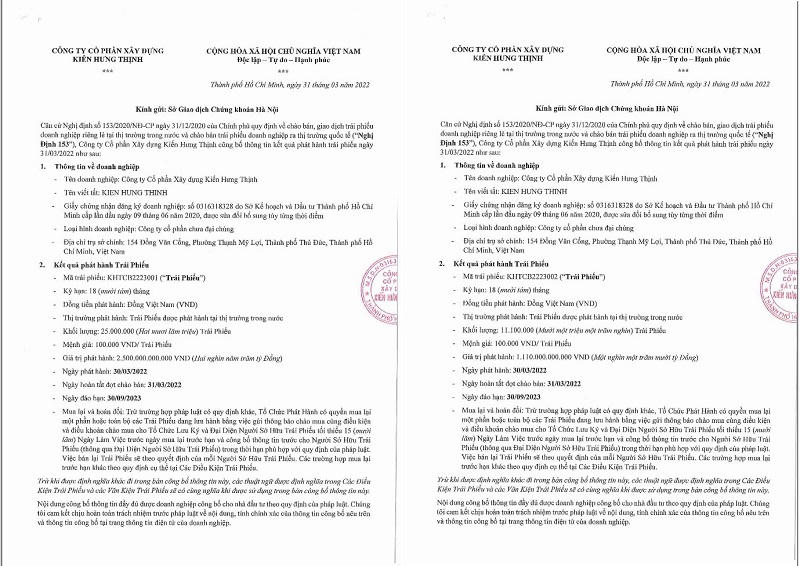 Hai lô trái phiếu trị giá hơn 3.600 tỷ được Kiến Hưng Thịnh huy động trong cùng một ngày. &nbsp;