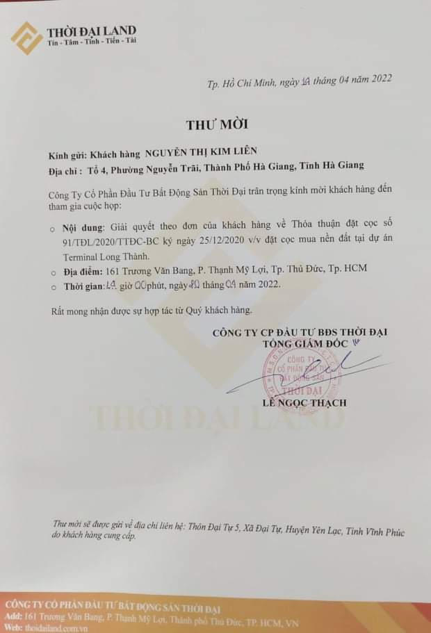 Công ty Thời Đại Land mời khách hàng lên làm việc theo đơn khiếu nại của khách hàng về dự án Khu dân cư Bàu Cạn. &nbsp;