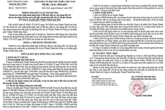Thanh tra tỉnh Bắc Ninh đã chỉ ra hàng loạt sai phạm của Công ty Giấy Thuận Thành. &nbsp;