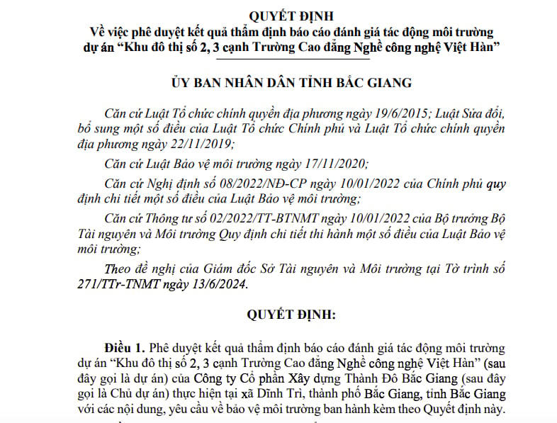 Dự án bị đình chỉ thi công của Thành Đô Bắc Giang được phê duyệt ĐTM