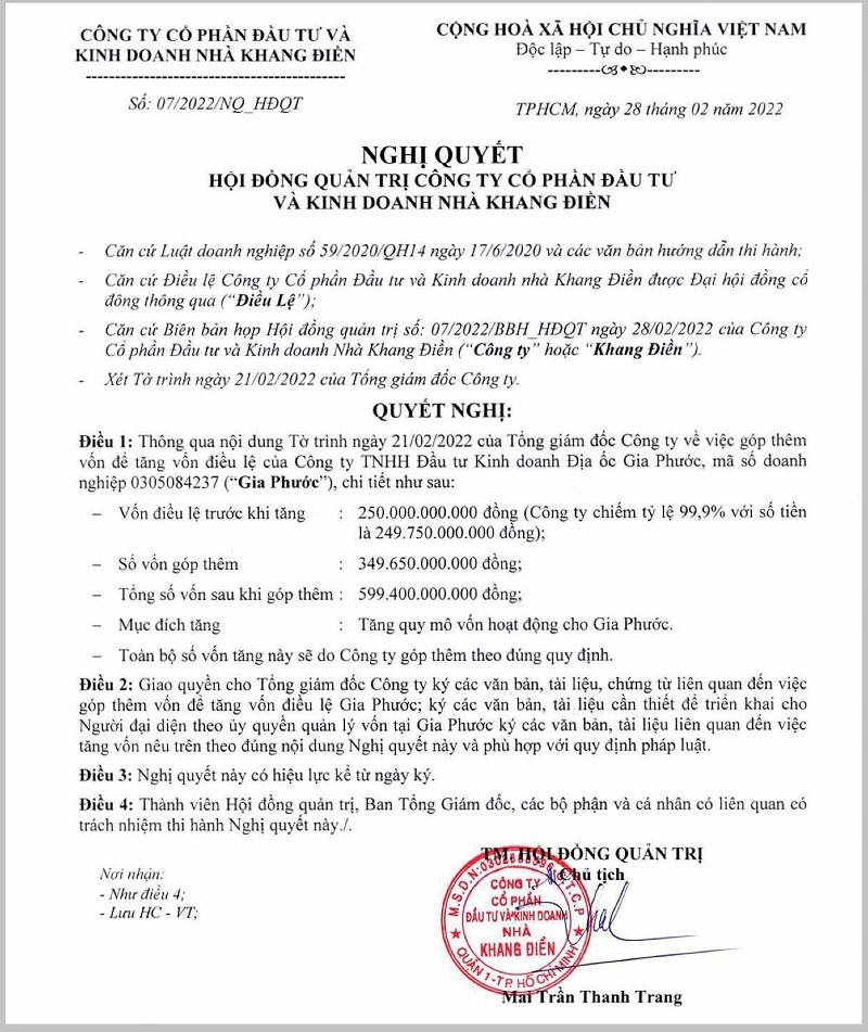 Quyết định về việc Nhà Khang Điền ‘rót’ thêm vốn vào Địa ốc Gia Phước ngay sau khi nhận chuyển nhượng vốn từ cổ đông của Bất động sản Phước Nguyên. &nbsp;