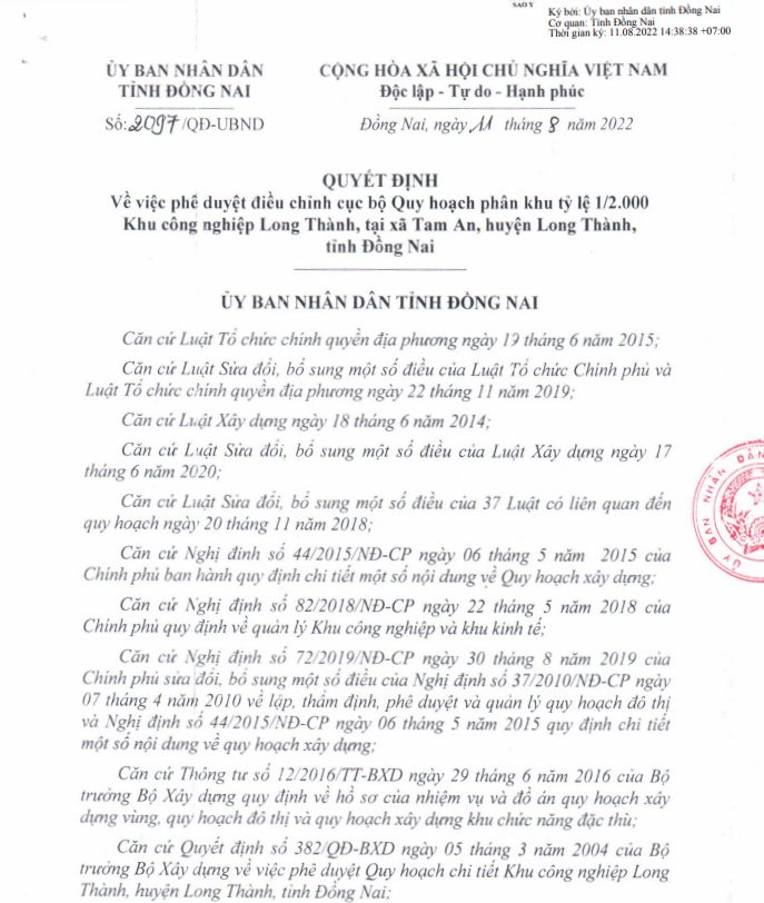 Quyết định về việc phê duyệt điều chỉnh cục bộ Quy hoạch phân khu tỷ lệ 1/2.000 khu công nghiệp Long Thành, tại xã Tam An, huyện Long Thành, tỉnh Đồng Nai.