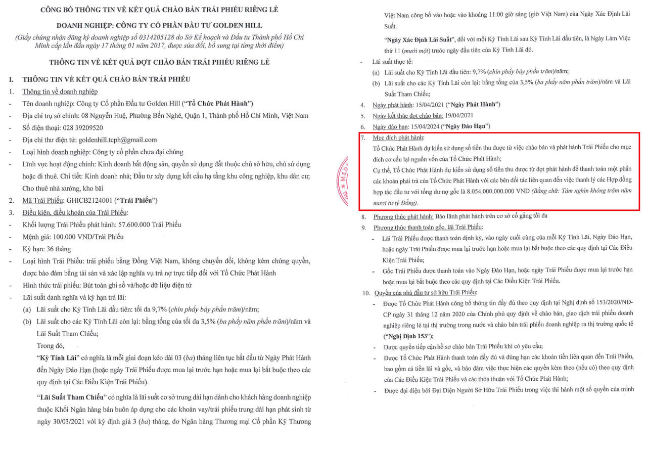 Công bố kết quả chào bán TPDN Golden Hill (Nguồn: Cbons)