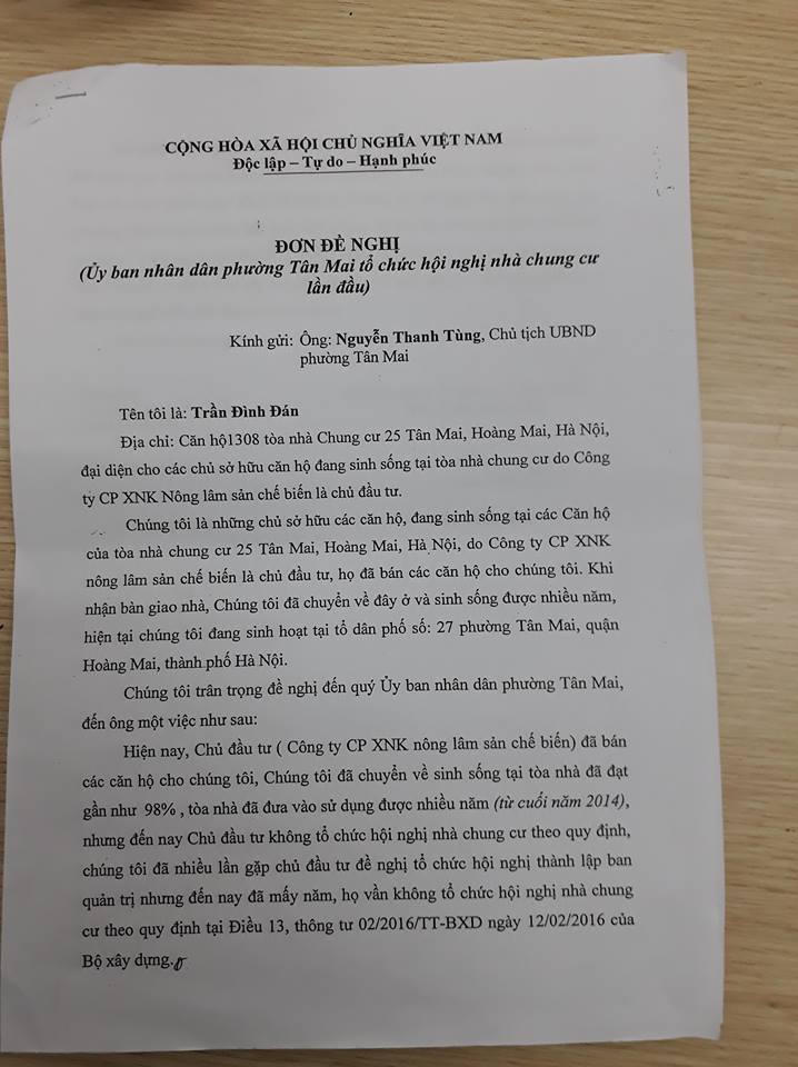 
&nbsp;Đơn đề nghị của Ban đại diện cư dân gửi cơ quan chức năng.
