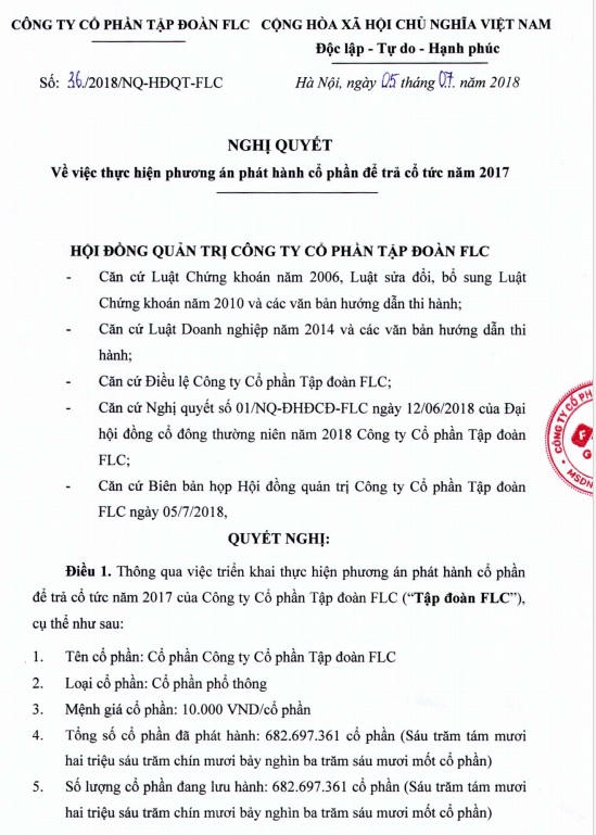 FLC chuẩn bị phát hành 27,3 triệu cổ phiếu trả cổ tức năm 2017, tỷ lệ 4%