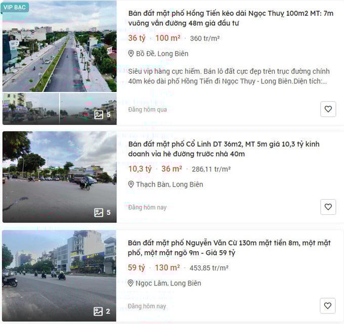 Giá đất Long Biên đăng trên trang batdongsan.com