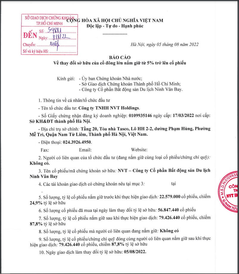 Một doanh nghiệp chi gần 1.200 tỷ đồng nắm quyền chi phối tại Ninh Vân Bay (NVT)