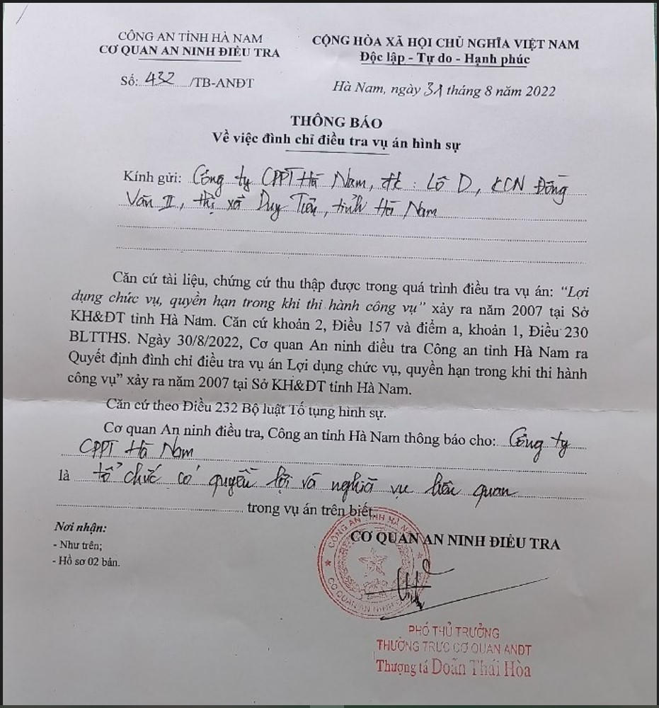 Văn bản số 432/TB-ANĐT của Cơ quan An ninh điều tra Công an tỉnh Hà Nam. &nbsp;