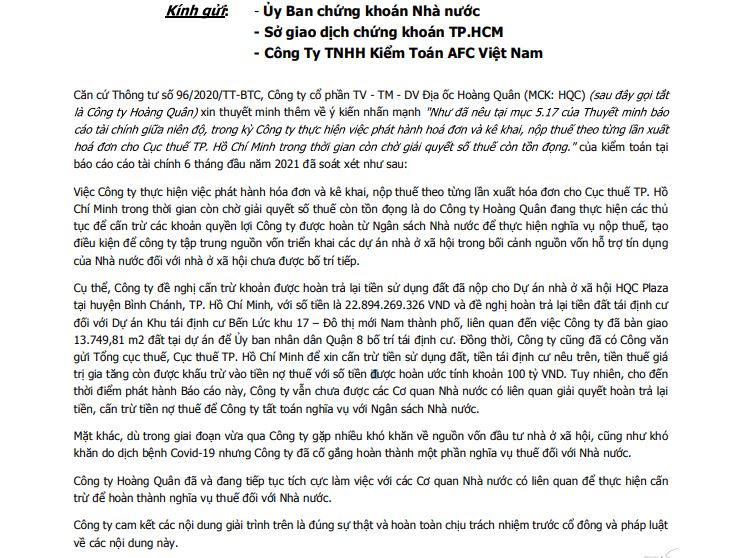 Giải trình BCTC 6 tháng đầu năm 2021 đã soát xét.