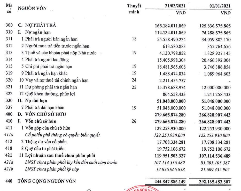 Nguồn: BCTC quý 1/2021 tại TDS. &nbsp;