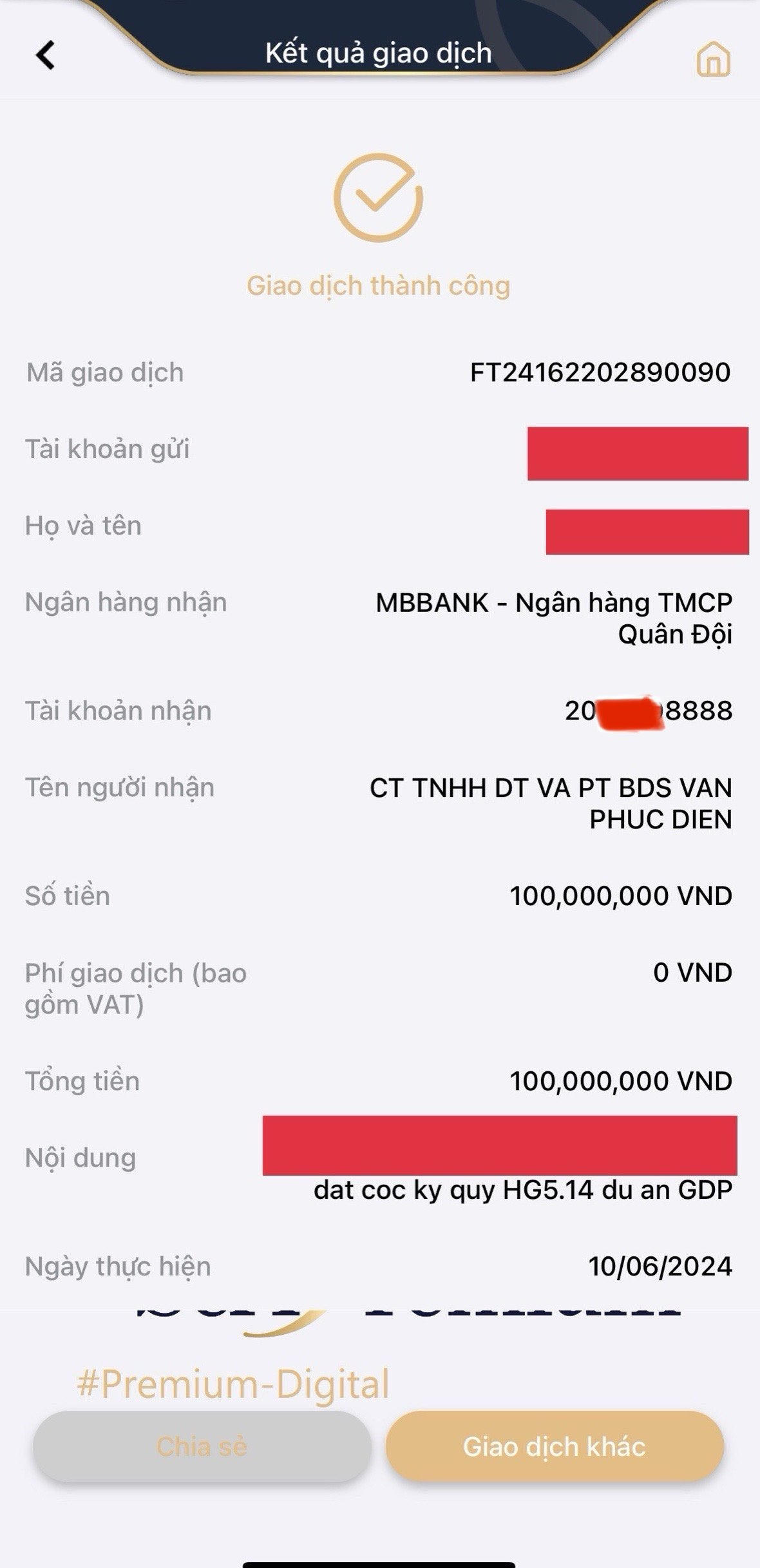 Bút toán chuyển khoản đặt cọc ký quỹ của Khách hàng đặt mua dự án Golden Point.