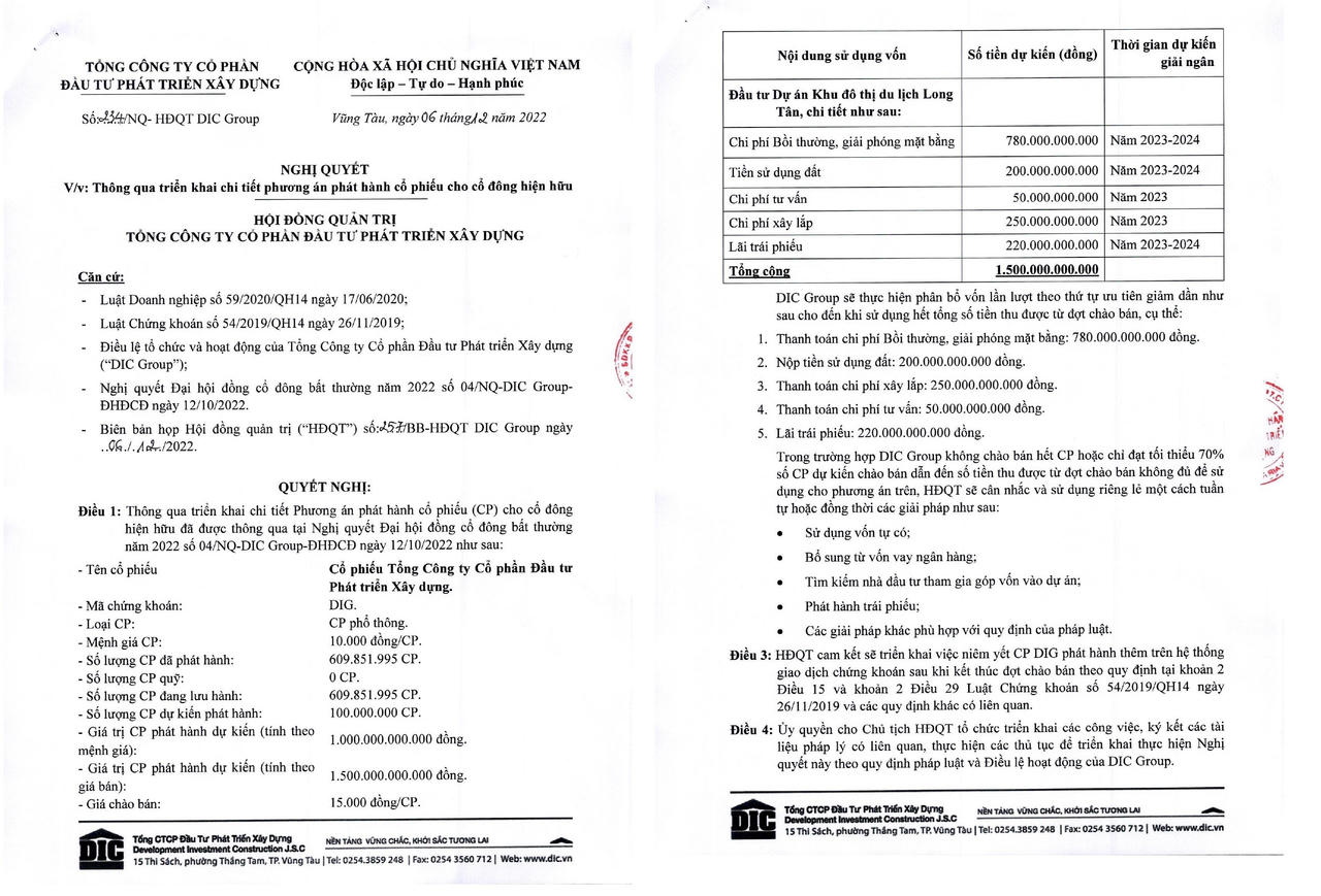 Kế hoạch triển khai chi tiết phương án phát hành cổ phiếu cho cổ đông hiện hữu của DIC Corp. &nbsp;