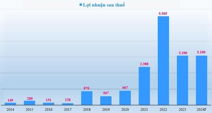 Lợi nhuận sau thuế công ty mẹ (tỷ đồng) của Đức Giang giai đoạn 2014-2023 và kế hoạch 2024.