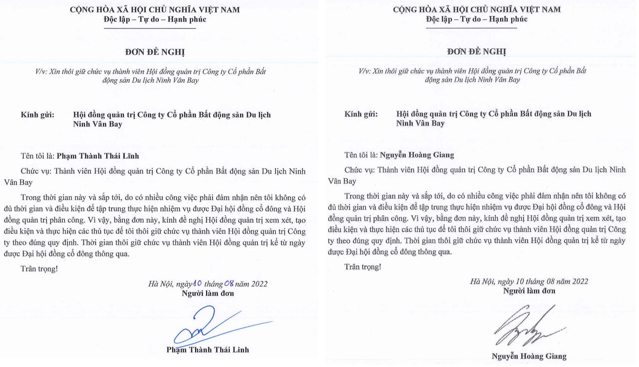 Đơn xin đề nghị của lãnh đạo DNP Water xin rút khỏi HĐQT