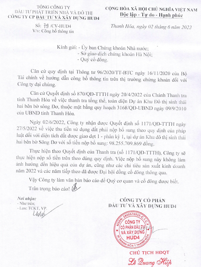 Công văn số 79/CV – HUD4