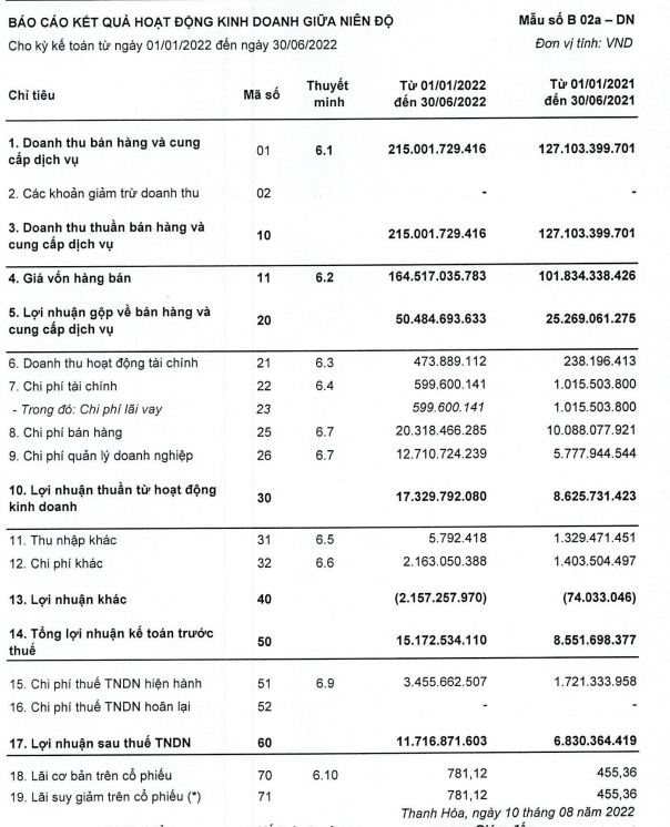 Báo cáo kết quả kinh doanh của HUD4 (BCTC bán niên soát xét của HUD4)