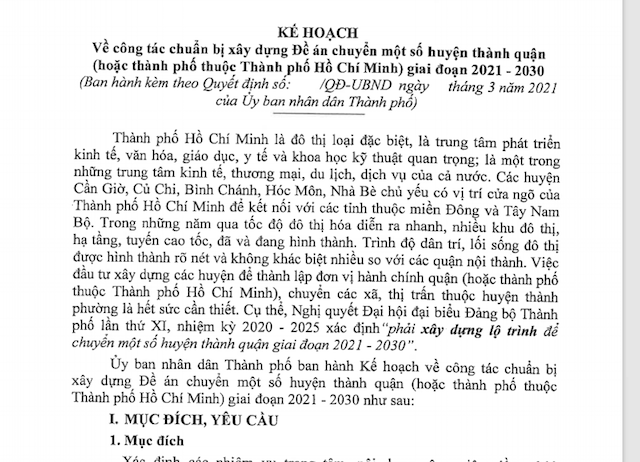 Kế hoạch đề án chuyển đổi một số huyện thành quận (hoặc thành phố thuộc TP.HCM) giai đoạn 2021-2030 được Sở Nội vụ trình lên UBND thành phố. &nbsp;